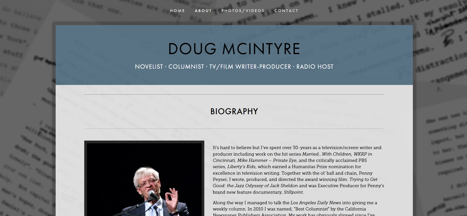 Doug McIntyre personal website. Morning-paper layout featuring his novel Frank's Shadow and broadcasting credits